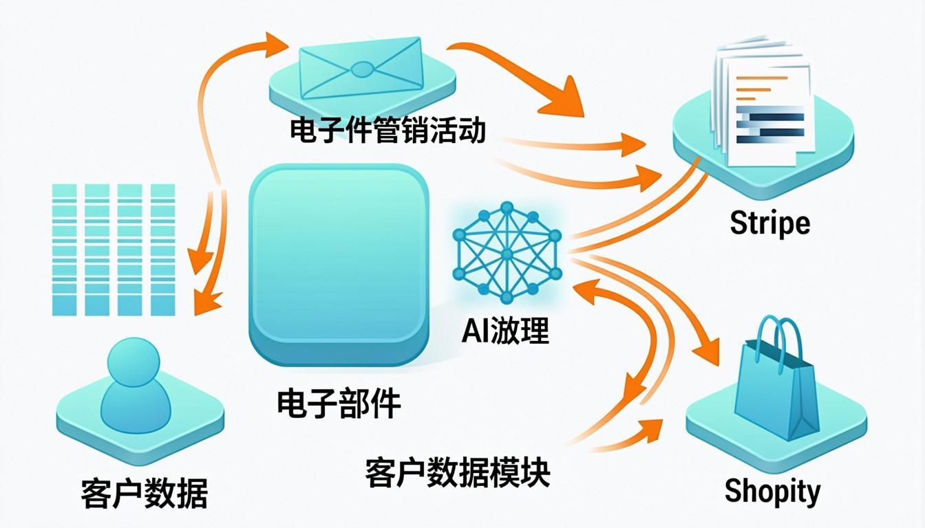 Sequenzy email marketing platform architecture showing Stripe, Shopify, AI automation, and multi-channel delivery